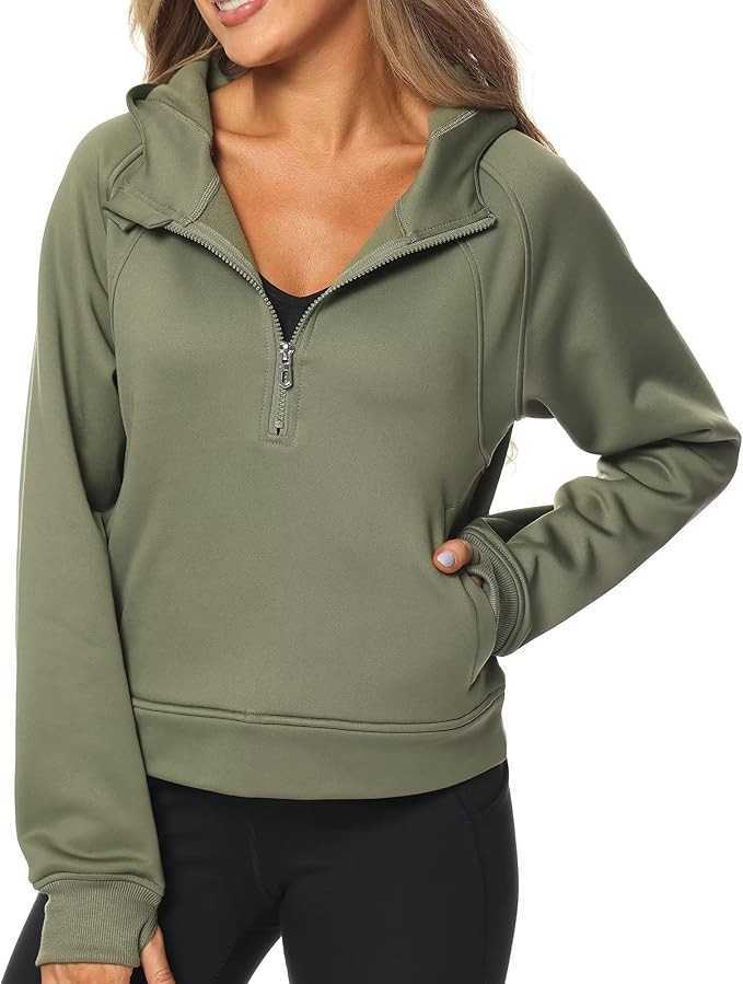 Tyhengta Womens Half Zipper Hoodies Long Sleeve Crop Hooded Fleece Pullover Sweatshirts with Thum... | Amazon (US)