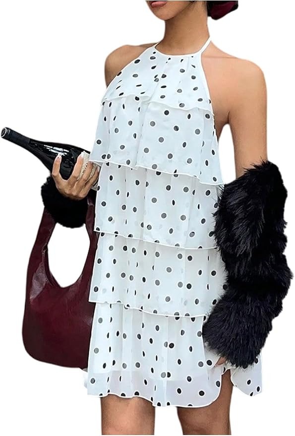 OYOANGLE Women's Polka Dots Layered Ruffle Chiffon Cami Halter Dress Sleeveless Open Back Birthda... | Amazon (US)