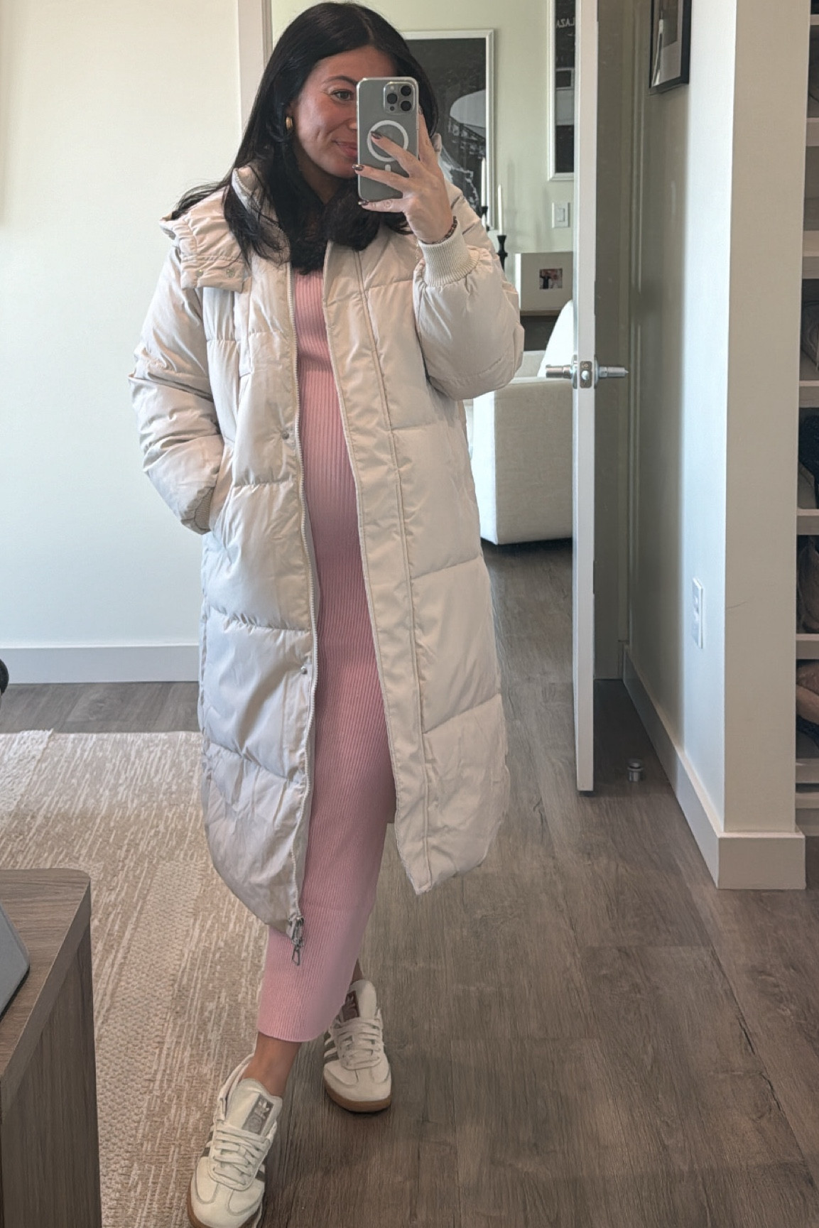 Dress: size small
Coat: size small
Sneakers: size down 1/2 size 

#LTKShoeCrush #LTKSaleAlert #LTKBump