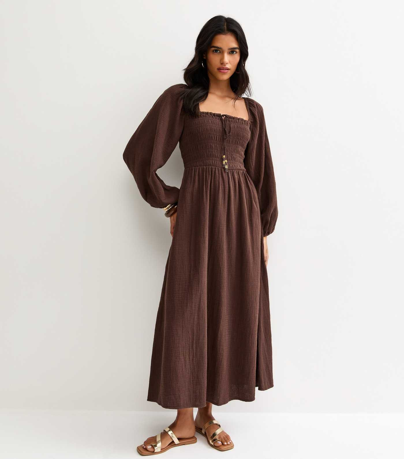 Dark Brown Cotton Shirred Milkmaid Midi Dress | New Look | New Look (UK)