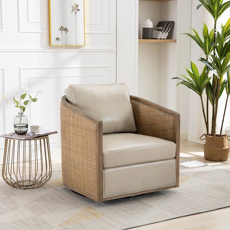 Swivel Barrel Chair, 360 Degree Rattan Sofa Chair for Living Room, Grey Leather Leisure Armchair ... | Amazon (US)