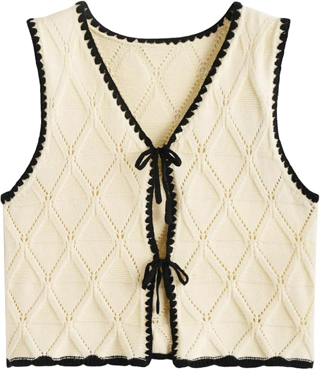 Verdusa Women's Old Money Bow Tie Crochet Sweater Vest Contrast Binding Knot Front V Neck Knit To... | Amazon (US)