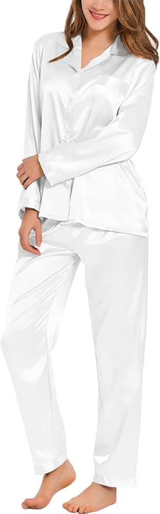 SWOMOG Long Sleeve Pajamas Set Silk Satin Sleepwear Button Down Pjs Loungewear with Pocket | Amazon (US)