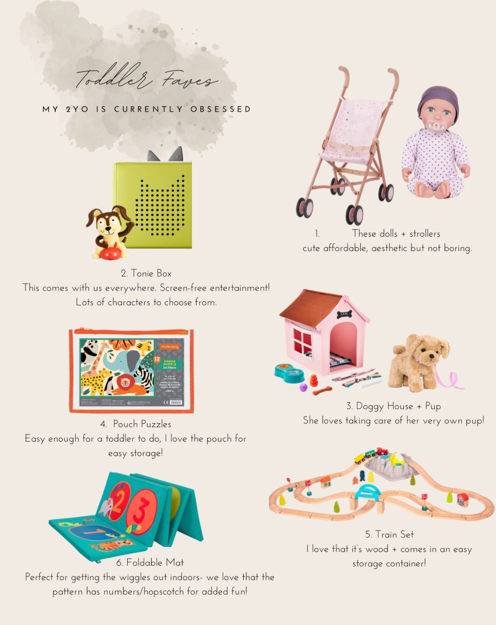 My toddlers current favorite toys. She is 2 so this might give you some Christmas gift ideas! All are affordable and so fun or cute! Train set, Tonie box, doll and stroller, dog house with dog. Pouch puzzle. 

#LTKGiftGuide #LTKkids #LTKSeasonal