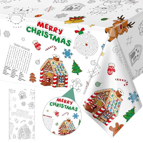 1Pack Christmas Coloring Tablecloth for Kids, Disposable Paper Table Cover, Santa Merry Color-in Activity for Winter Holiday Party Decorations, 54x108Inch | Amazon (US)