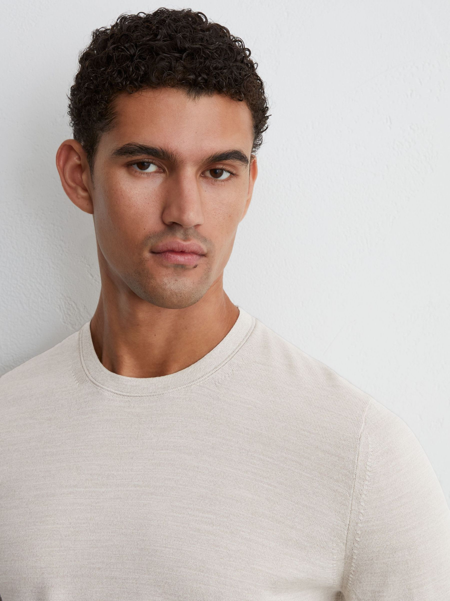 Reiss Merino Wool Crew-Neck Jumper in Stone Mouline - REISS | Reiss UK