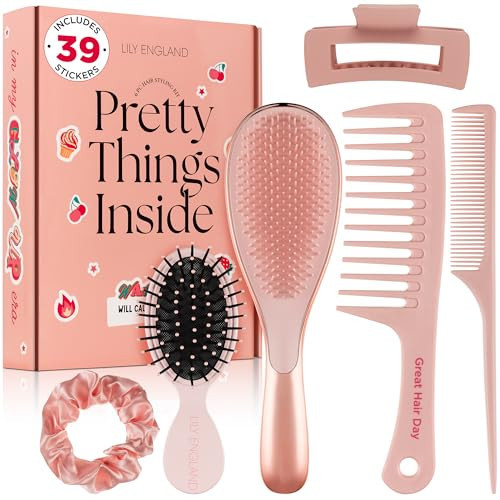 6 Pcs Hair Brush Set with Brush & Combs - Detangling Brush for All Types with Wide Tooth & Tail Comb, Scrunchie & Claw Clip - Hair Care Gift Set with Stickers for Teen Girls, Women & Kids | Amazon (US)