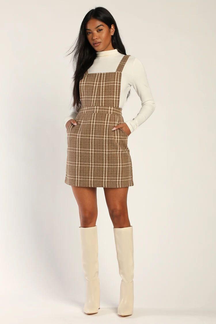 Plaid to Be Yours Brown Plaid Pinafore Mini Dress | Lulus (US)