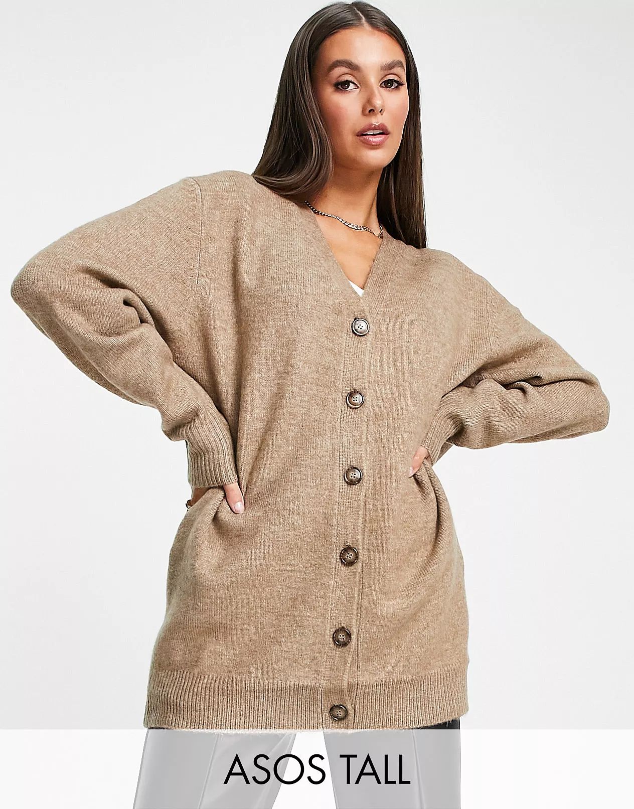 ASOS DESIGN Tall oversized cardigan with button through in taupe | ASOS (Global)