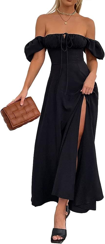 Women's Summer Puff Sleeve Floral Split Maxi Dress Flowy A Line Casual Beach Long Dresses | Amazon (US)