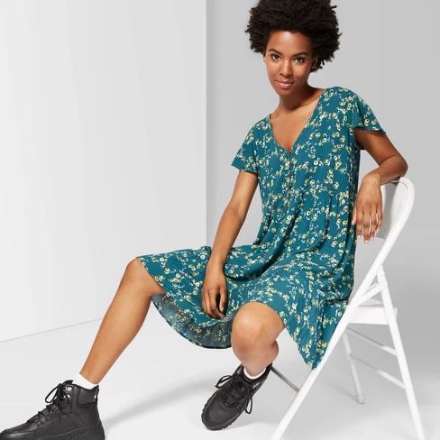 Women's Floral Print Short Sleeve V-Neck Button Front A Line Mini Dress - Wild Fable™ Teal | Target
