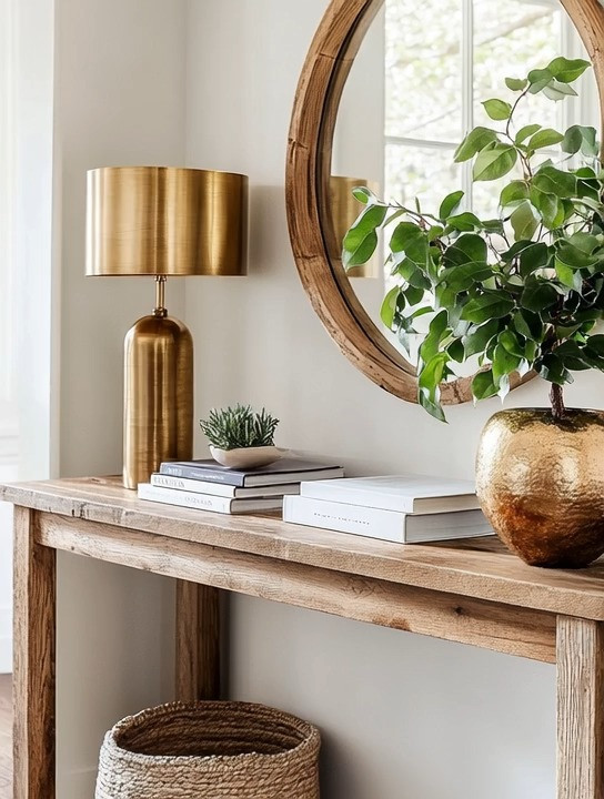 Instantly elevate a simple wooden table with a gold planter, a gold table lamp — or both. The combination of warm wood, soft gold accents, and fresh greenery creates a space that feels balanced, calming, and beautifully intentional.

Wood grounds the room with natural warmth, gold adds a refined glow, and greenery brings life and freshness. It’s a timeless styling formula that works in entryways, living rooms, or bedrooms — effortless, functional, and endlessly elegant.

#woodandgold #eleganthomedecor #styledliving 

 #LTKHome
