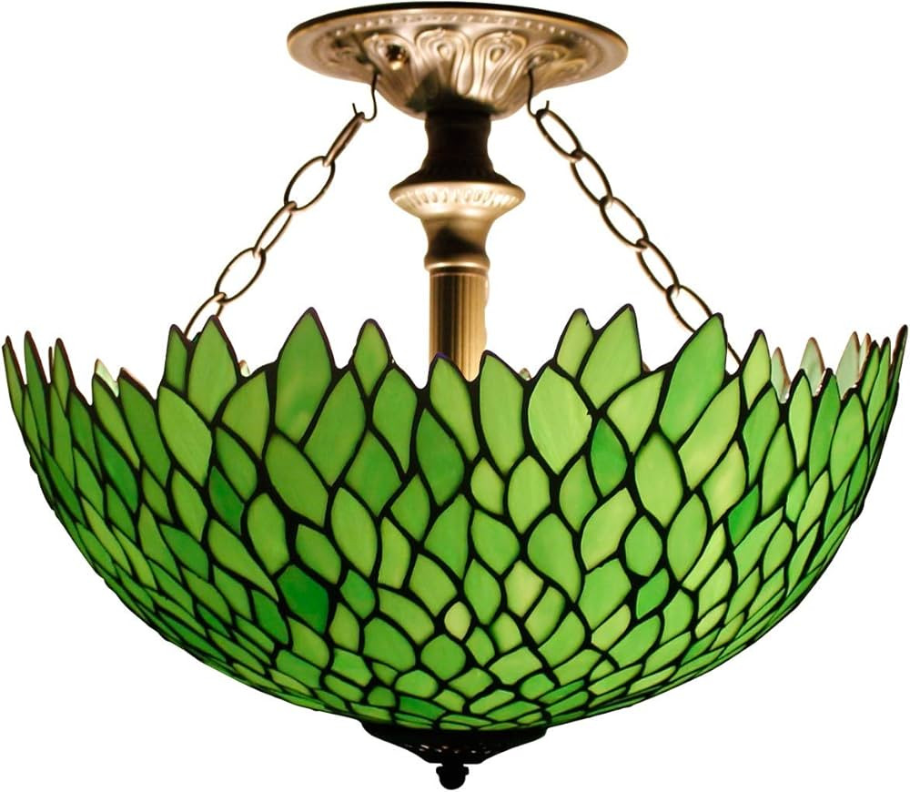 WERFACTORY Tiffany Ceiling Light Fixture Green Wisteria Stained Glass Semi Flush Mount Lamp Wide ... | Amazon (US)