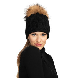 Black Waffle with Natural Raccoon Fur Pom Hat | Lindo F