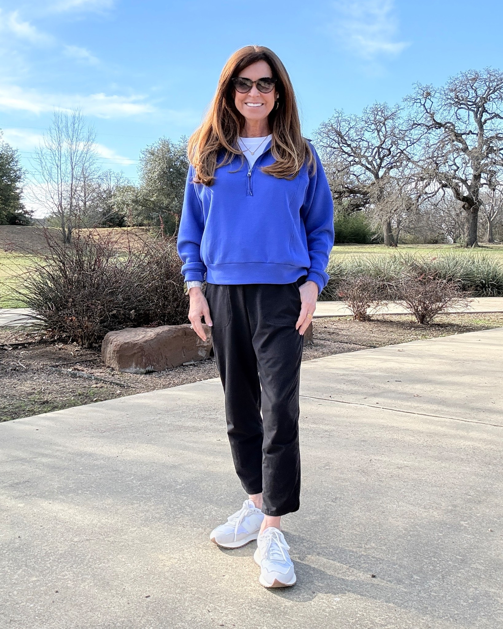 Bright blue half zip sweatshirt. The softest sweatshirts that are definitely worth the spend. Currently on sale in a bunch of colors so I’m planning to add a few more to my cart. 

The black athletic style pants are really thin and lightweight and perfect for summer too. Available in regular, petite and tall lengths. I’m wearing petite xs.

athleisurewear 
athleisurestyle 
Spanx

#LTKActive #LTKSaleAlert #LTKSpringSale
