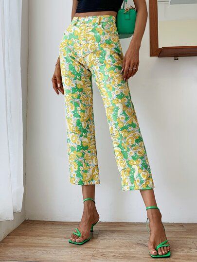 Allover Floral Print Capris Pants | SHEIN