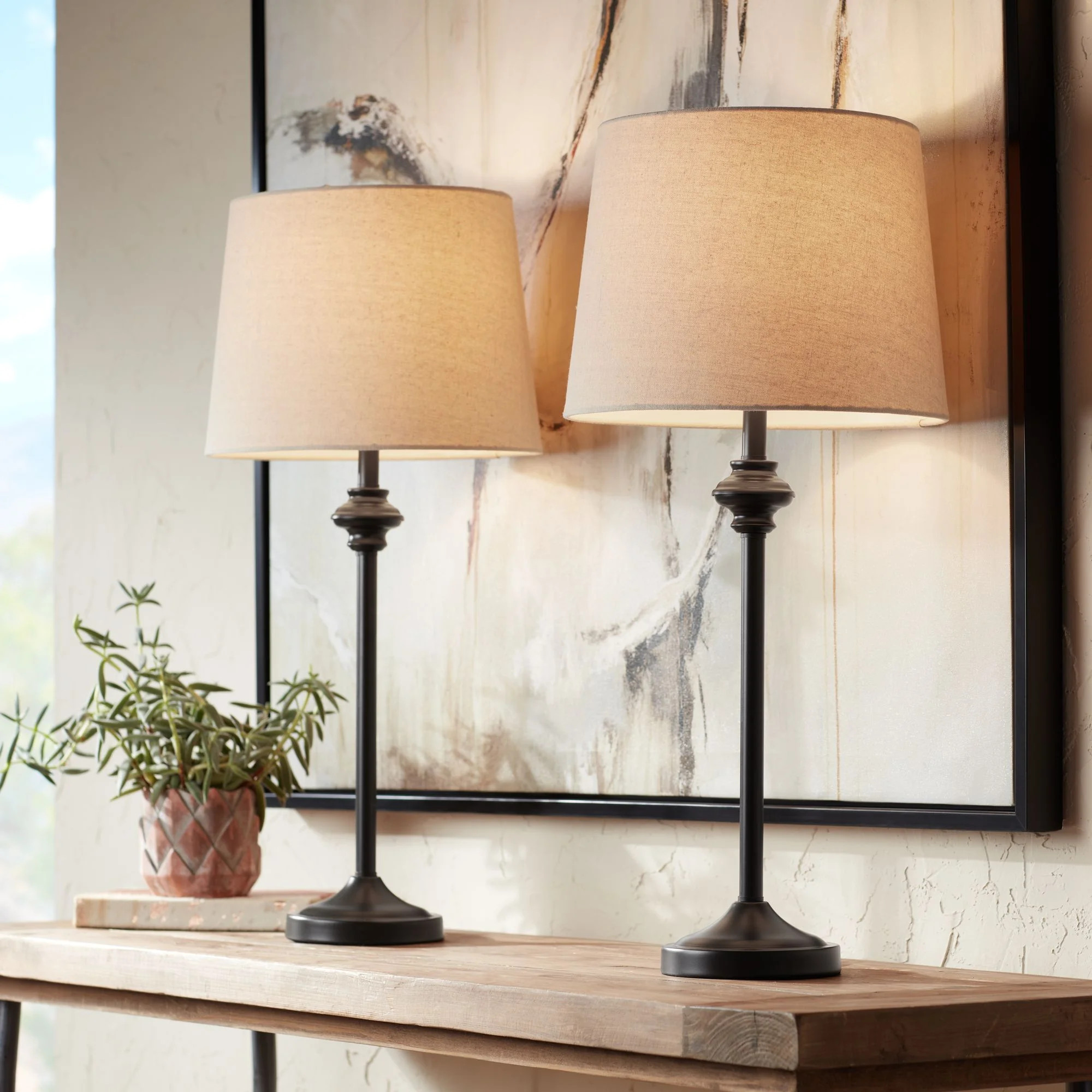 360 Lighting Modern Buffet Table Lamps Set of 2 Bronze Metal Oatmeal Fabric Drum Shade for Dining... | Walmart (US)