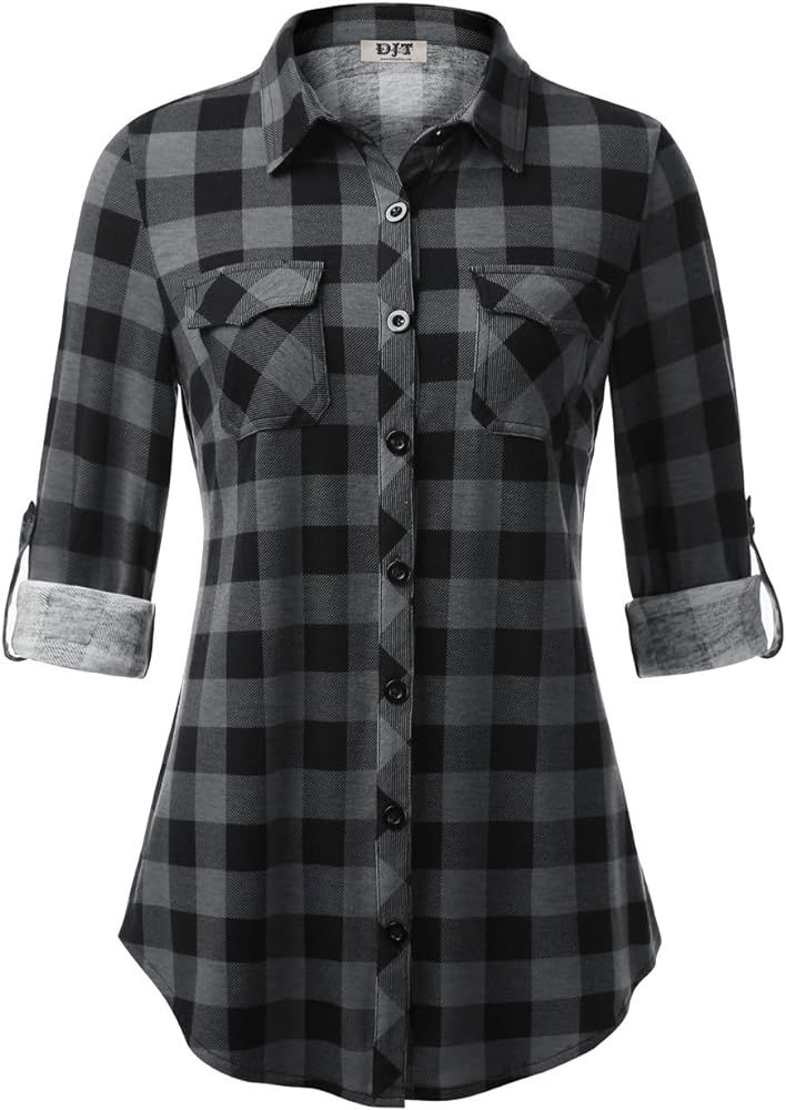 Women’s Roll Up Long Sleeve Collared Button Down Plaid Shirt | Amazon (US)
