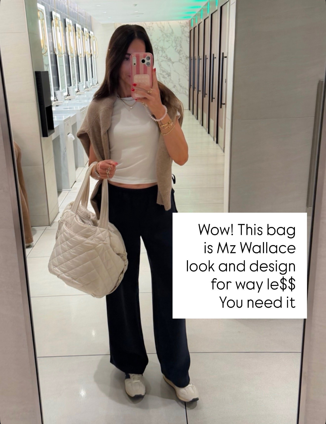 This bag gives the same elevated quilted look as designer styles without the high price tag. The soft structure, oversized shape, and neutral color make it one of those pieces that works for travel days, errands, or adding a polished touch to a simple outfit.

quilted tote bag, designer inspired handbag, MZ Wallace inspired bag, travel tote, everyday handbag, neutral accessories, lightweight tote, carryall bag, elevated basics, airport style, annabrstyle

#LTKTravel #LTKOver40 #LTKootd