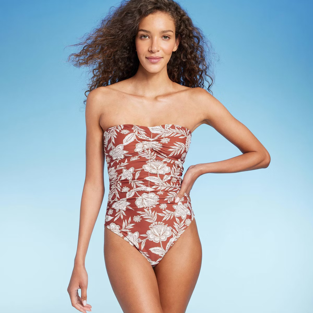 Women's Shirred Bandeau One Piece Swimsuit - Shade & Shore™ Brown Floral Print | Target