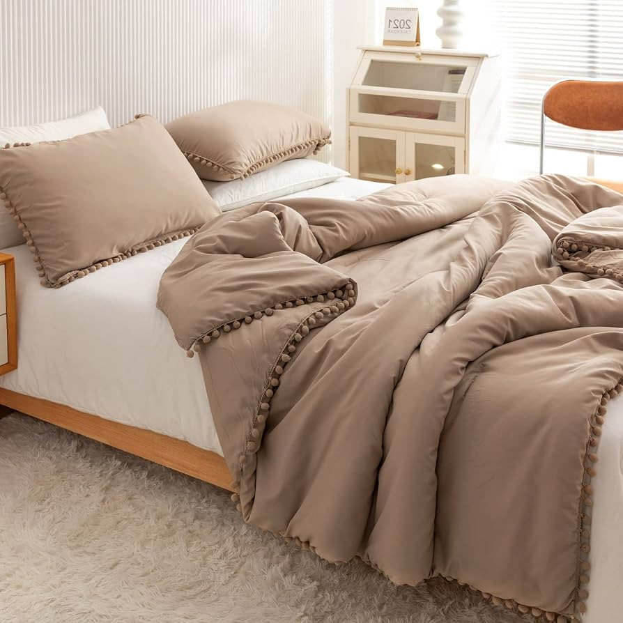 YIRDDEO Taupe Comforter Full Set 3pcs Boho Ball Pom Pom Bedding, Aesthetic Khaki Comforter Full S... | Amazon (US)