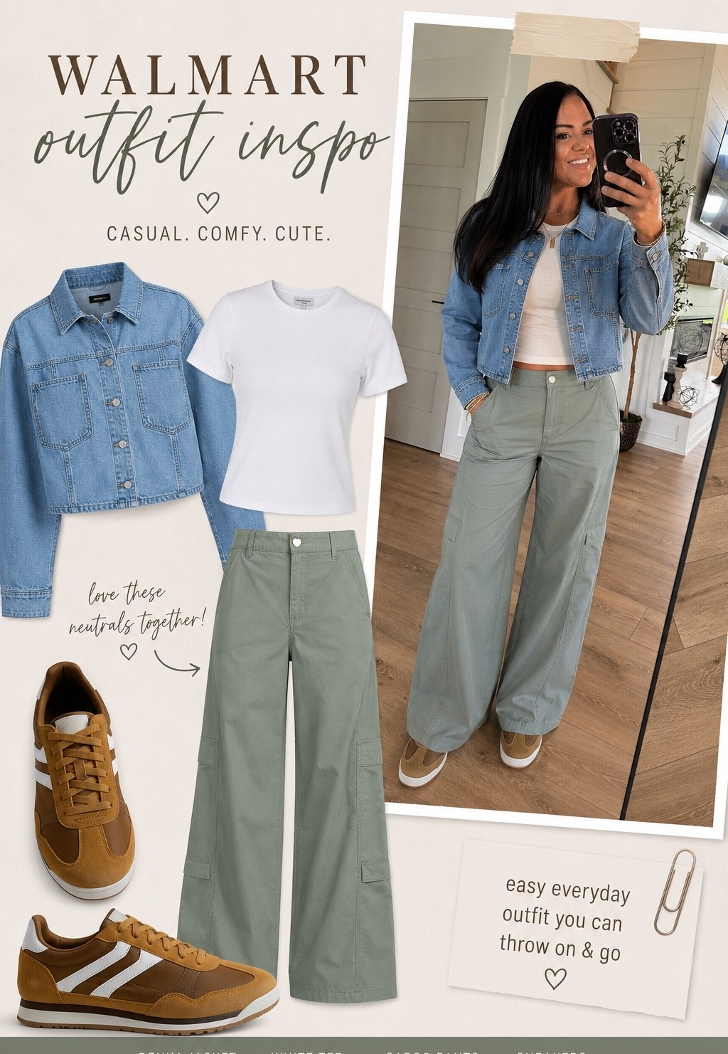 ✨ Walmart outfit of the day! This casual everyday look is giving effortless, comfy, and put together without spending a fortune. I’m obsessed with these olive cargo pants, the cropped denim jacket, classic white tee, and retro sneakers. These are the kind of basics you’ll reach for over and over. 🤍 

#LTK #LTKStyle #LTKFashion #LTKFinds #LTKCreator #LTKUnder50 #WalmartFashion #WalmartFinds #WalmartStyle #WalmartOutfit #AffordableFashion #BudgetStyle #EverydayStyle #CasualStyle #MillennialStyle #FallTransition #NeutralOutfit #DenimJacket #CargoPants #WideLegPants #WhiteTee #SneakerStyle #CapsuleWardrobe #EverydayOutfit #WeekendStyle #MomStyle #FashionInspo #OOTD #StyleOver40 #WomenOver35 #ComfyStyle #AffordableOutfits #DailyOutfit #FashionDeals #ClosetStaples

#LTKootd #LTKMidsize #LTKSeasonal