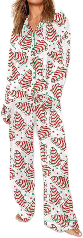 Meiweileya Womens Satin Christmas Pajama Set Silk Tree Cake Button down Shirt Pants 2 Piece Holid... | Amazon (US)