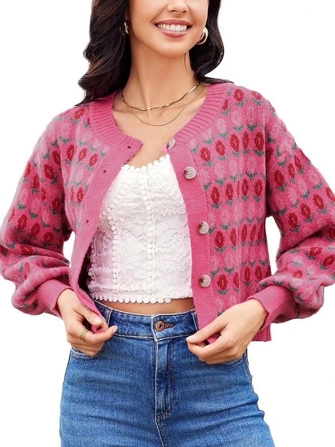WDIRARA Women's Floral Button Down Ribbed Knit Crew Neck Cropped Cardigan Sweater | Amazon (US)