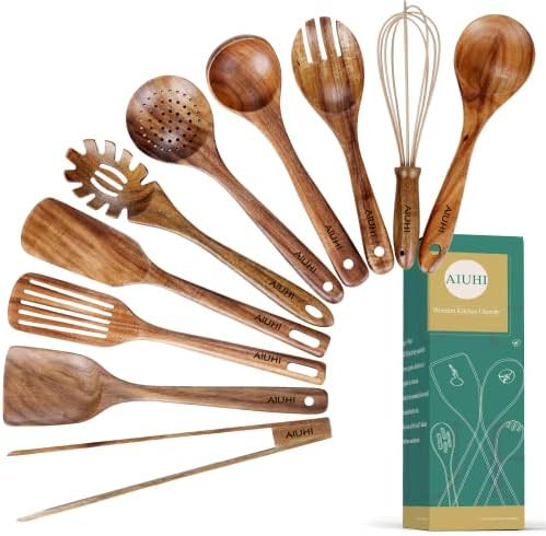 10 Pack Wooden Utensils for Cooking, Wood Utensil Set for Kitchen, Teak Wooden Spoon for Cooking,... | Amazon (US)