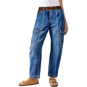 Flamingals Straight Leg Jeans for Women Mid Rise Barrel Cropped Casual Stretchy Wash Cargo Denim ... | Amazon (US)
