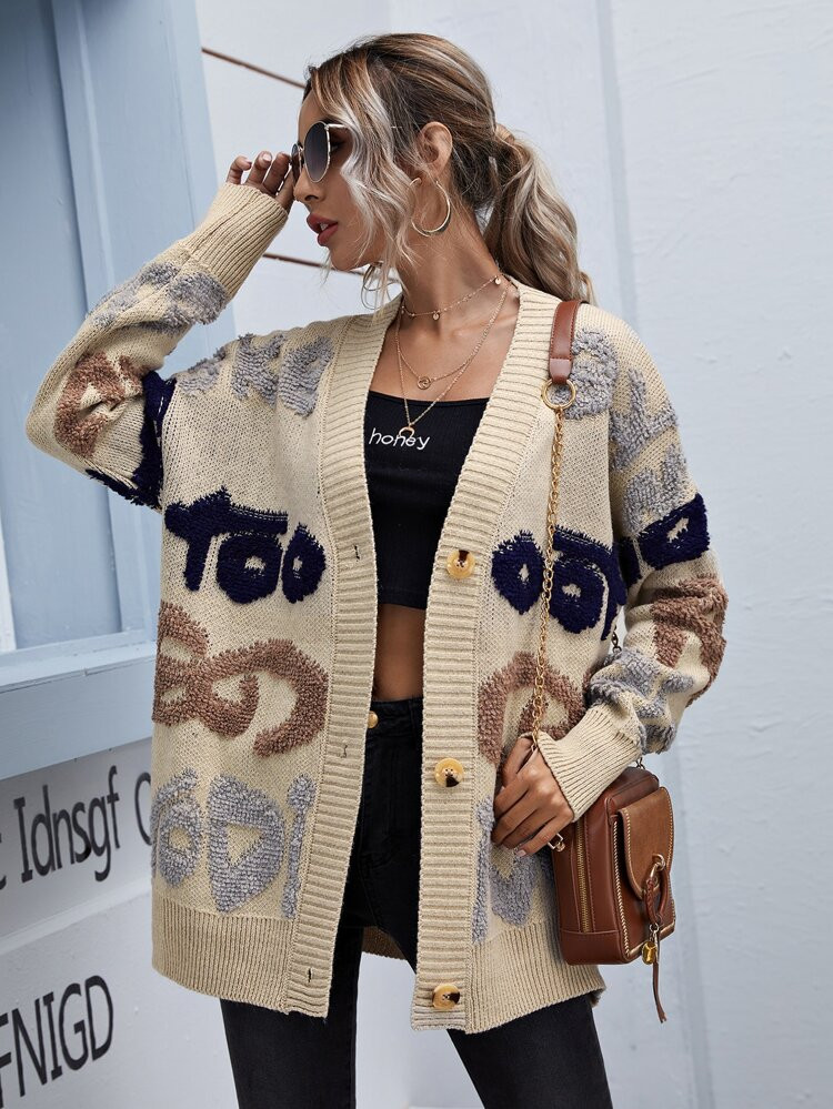 Letter Pattern Button Through Cardigan | SHEIN