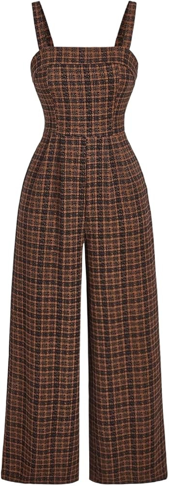 Floerns Women's Retro Plaid Wide Leg Jumpsuit Square Neck Sleeveless One Piece Romper | Amazon (US)