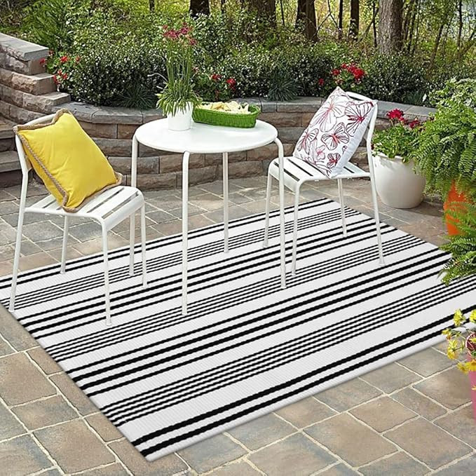 Black and White Striped Outdoor Rug,4’x6’Cotton Modern Farmhouse Rug Hand-Woven Reversible Do... | Amazon (US)