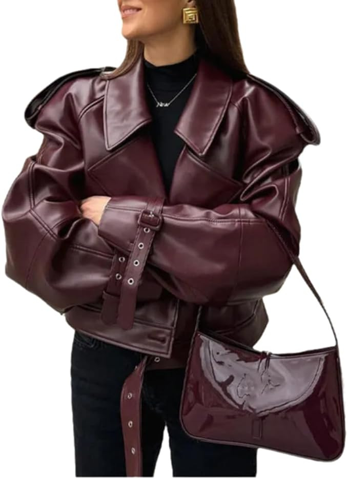 THLAI Womens PU Leather Jacket Long Sleeve Retro Collar Motorcycle Jacket Casual Coat | Amazon (US)