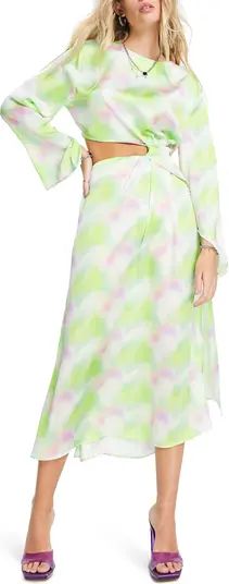 Topshop Pastel Watercolor Print Cutout Long Sleeve Satin Dress | Nordstrom | Nordstrom