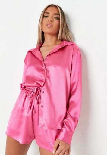 Missguided - Petite Pink Co Ord Crinkle Satin Shorts | Missguided (US & CA)