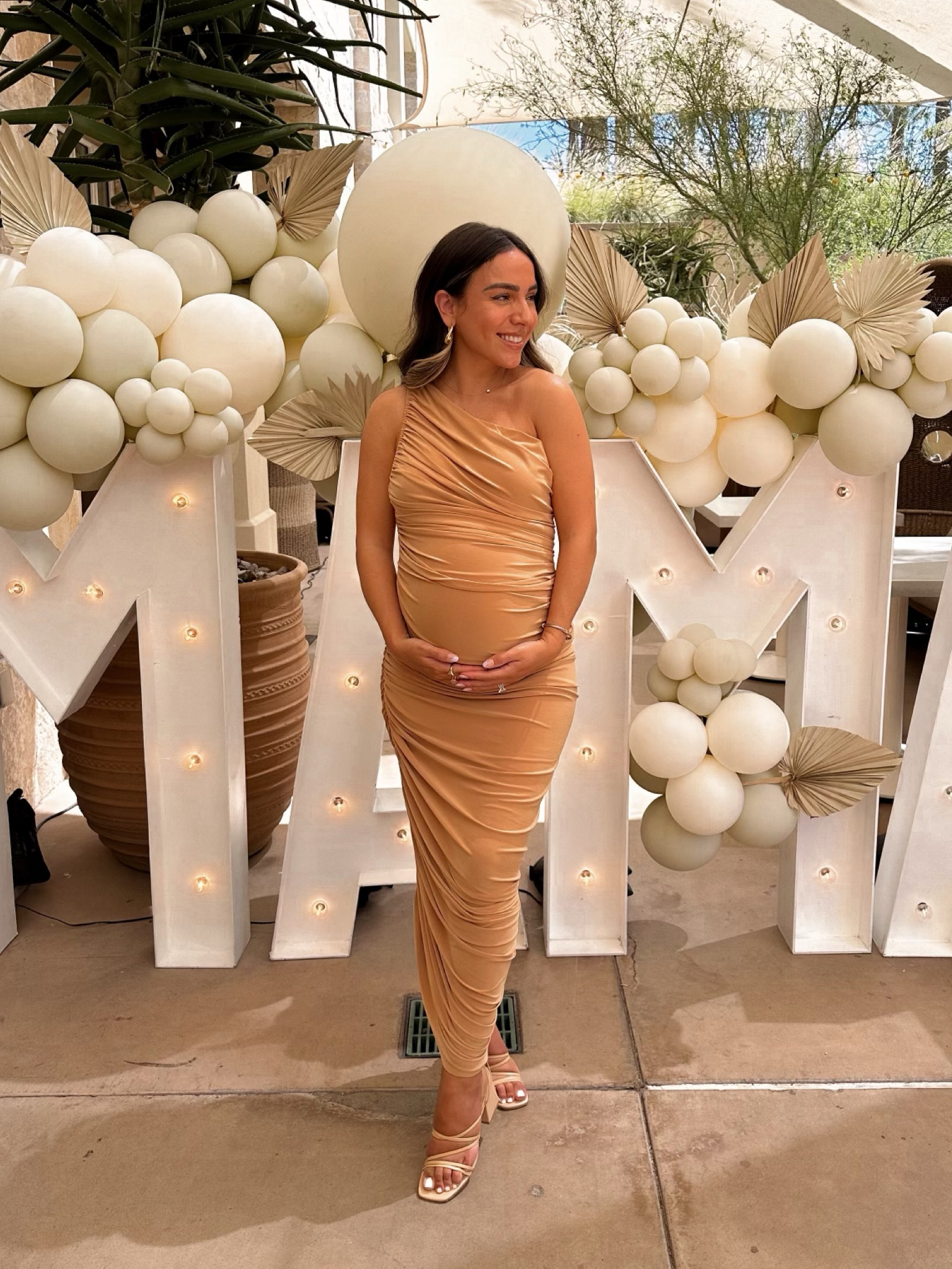 beige baby shower dress Momyknows Beige Cut Out Knit V-neck Flare Sleeve Backless Elegant  Photoshoot Baby Shower Maternity Maxi Dress main image 1