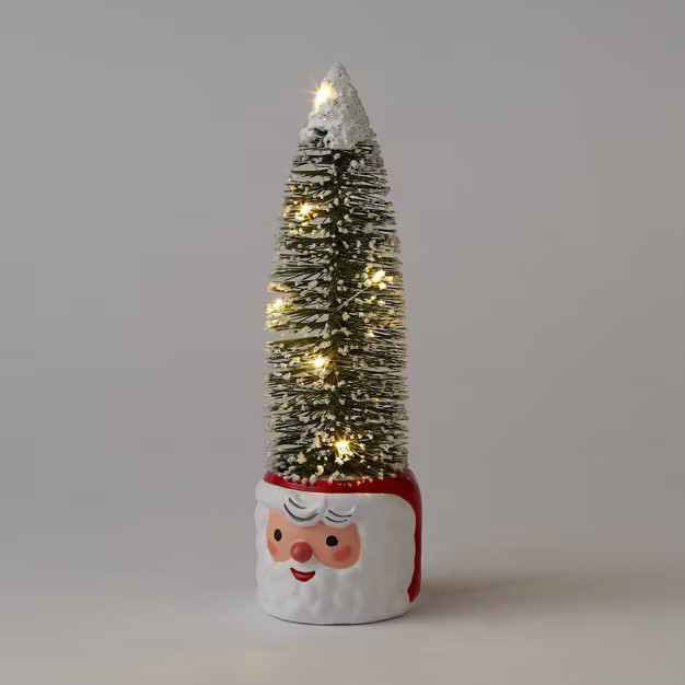11" Pre-lit Flocked Bottle Brush Tree in Ceramic Santa Pot - Wondershop™ | Target