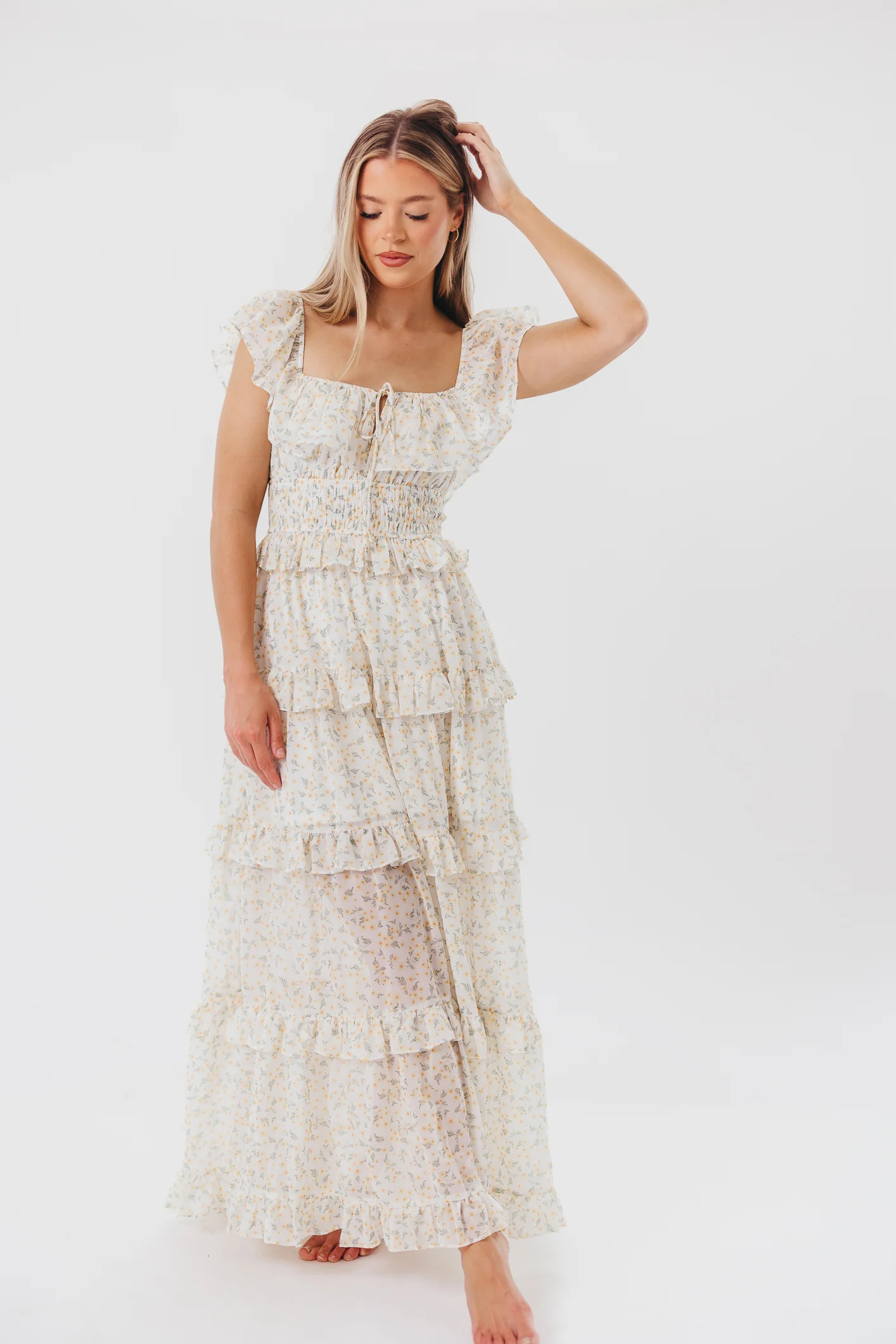 Astrid Ruffle Detail Maxi Dress in Yellow Floral - Bump Friendly | Worth Collective