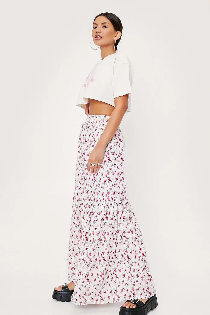 Linen Look Floral Print Tiered Maxi Skirt | Nasty Gal (US)