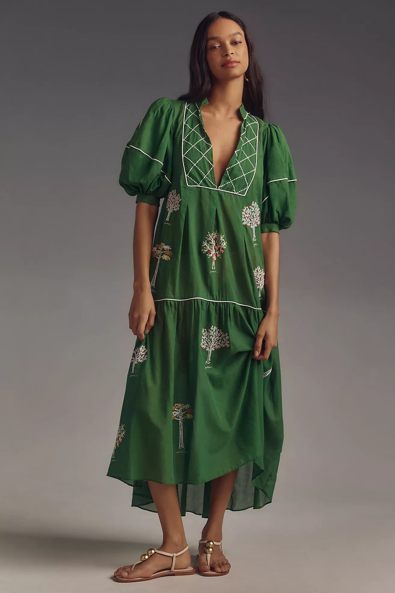 Farm Rio Embroidered Trees Short-Sleeve Midi Dress | Anthropologie (US)