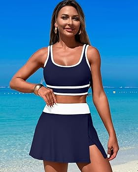 Fanuerg Women's High Waisted Bikini Sets Sporty Color Block Tummy Control Swimsuit Swim Skirt Two... | Amazon (US)