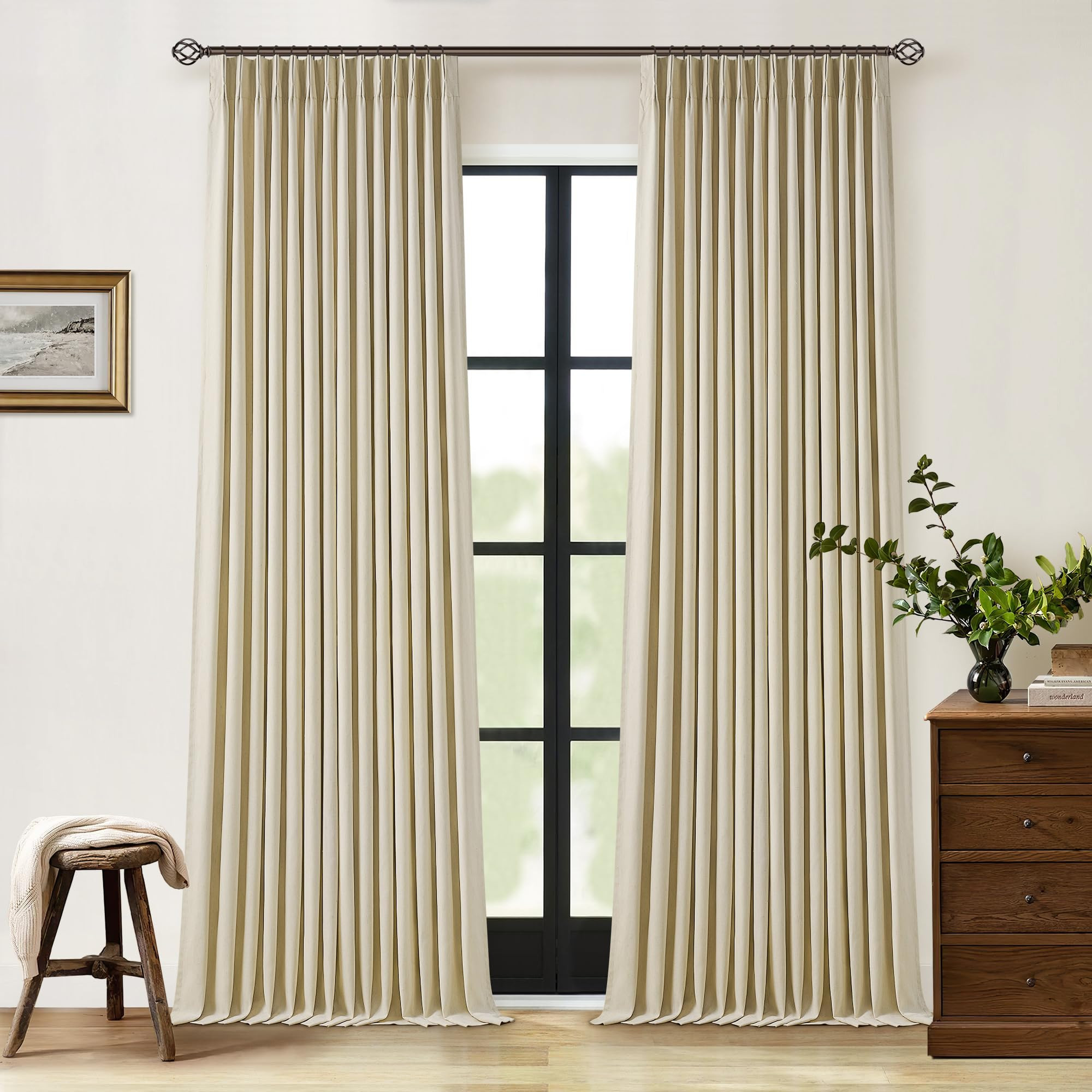 Khaki 90 Inch Linen Blackout Curtains Pinch Pleated for Living Room Thermal Noise Reduction Two Layer 100% Black Out Curtain Back Tab Pinch Pleat Rings Hooks Window Drapes for Track System | Amazon (US)