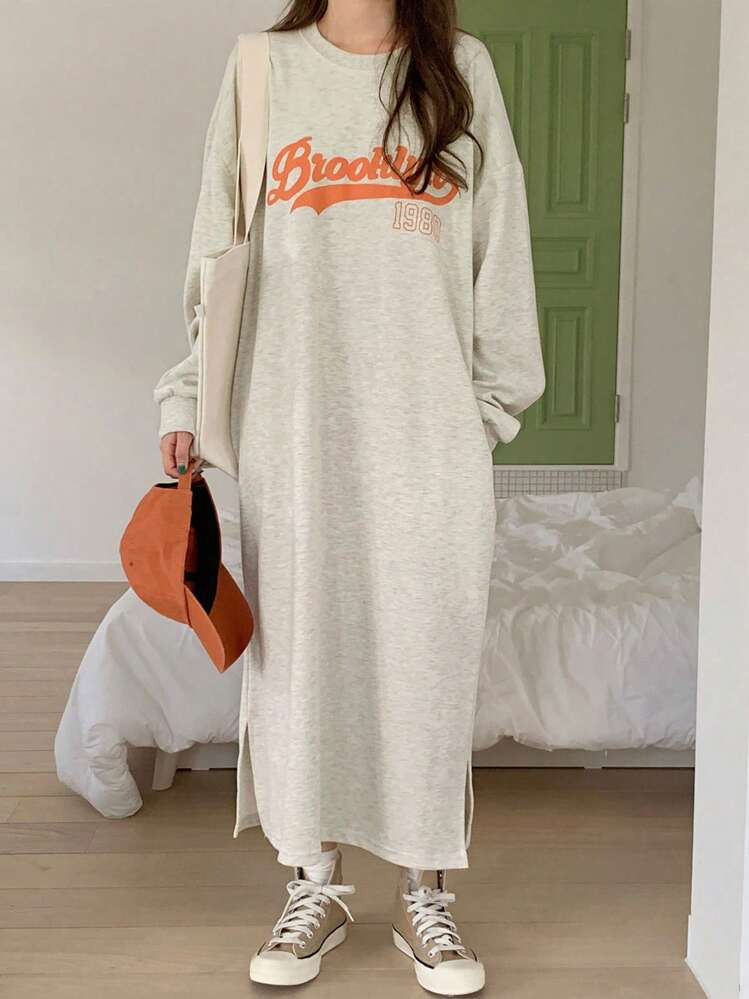 DAZY Letter Graphic Drop Shoulder Slit Hem Tee Dress,Fall Clothes Long Sleeve Dress | SHEIN