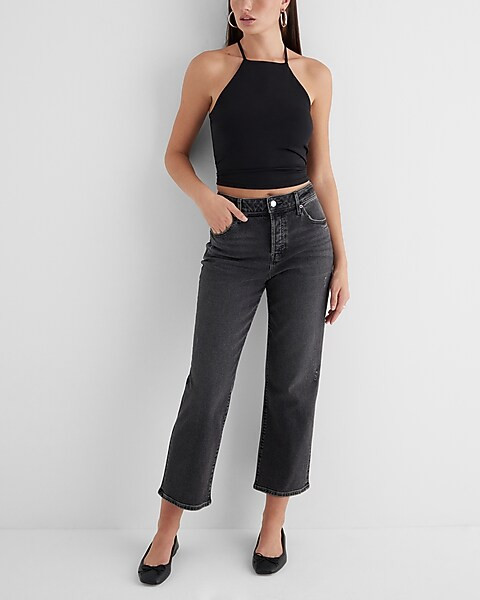 High Waisted Washed Black Relaxed Straight Ankle Jeans | Express