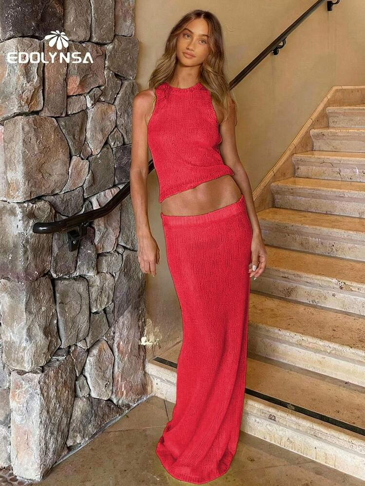 2pcs Sexy Hollow-Out Knitted Swimsuit Cover-Up, Women's Flare Sleeve Tie-Waist Top And Long Skirt... | SHEIN