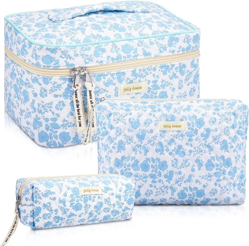 3 Pcs Cotton Quilted Makeup Bag Large Coquette Makeup Bag Travel Aesthetic Floral Makeup Bag Cute... | Amazon (US)