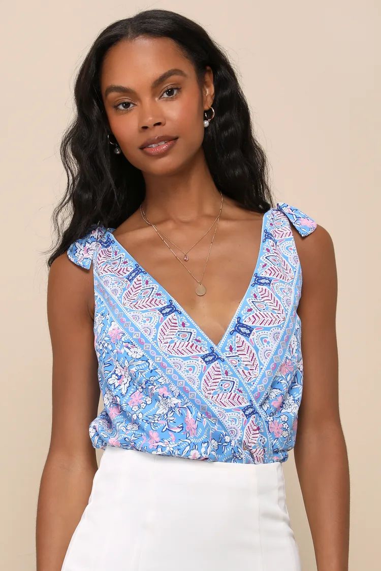 Always Blossoming Blue Multi Floral Print Tie-Strap Bodysuit | Lulus