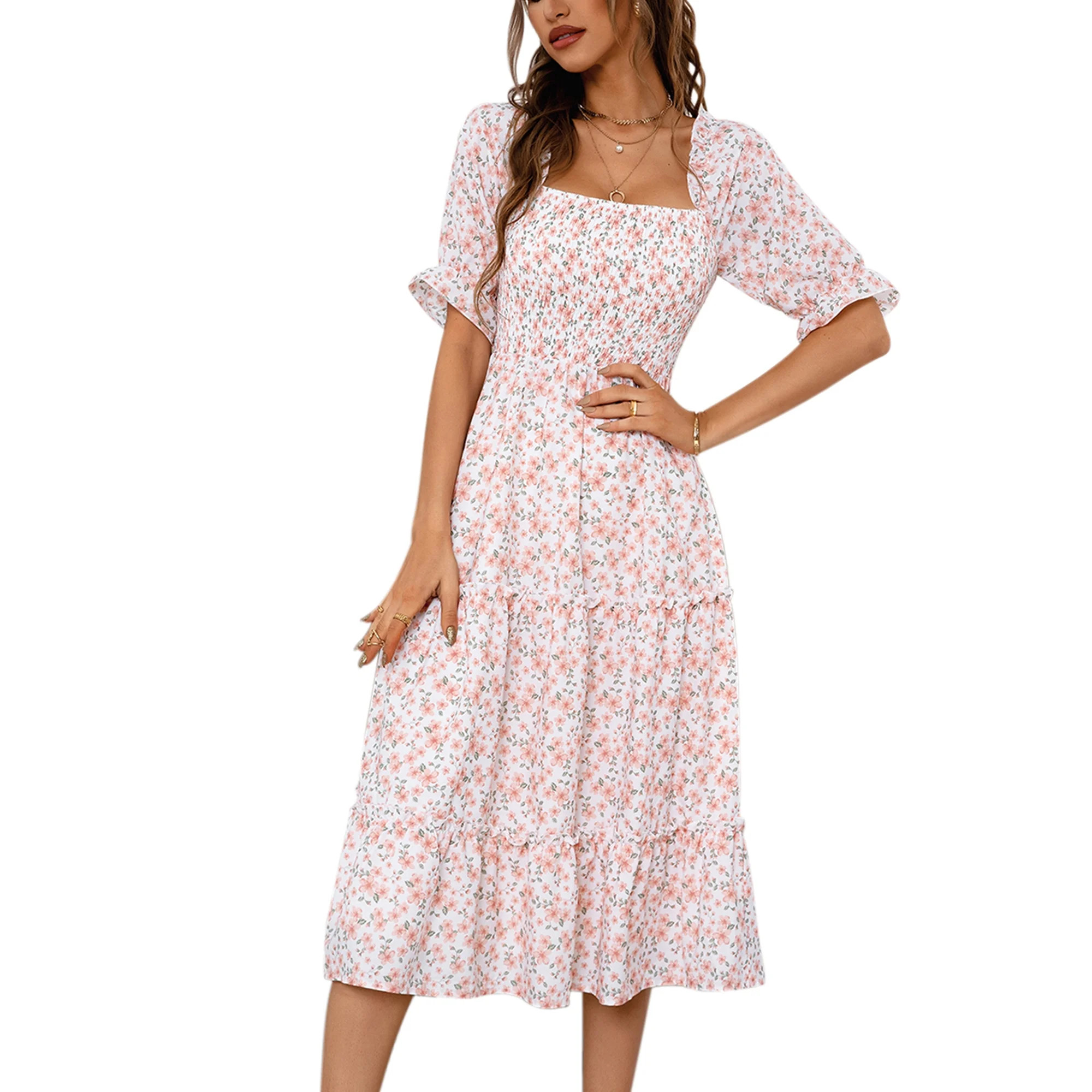 TEMOFON Short Sleeve Floral Midi Dress for Women Casual Square Neck Flowy Party Midi Dresses Oran... | Walmart (US)