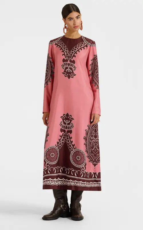 La DoubleJ Long Sleeve Swing Dress in Oltrarno Placée Pink at Nordstrom, Size Large It | Nordstrom
